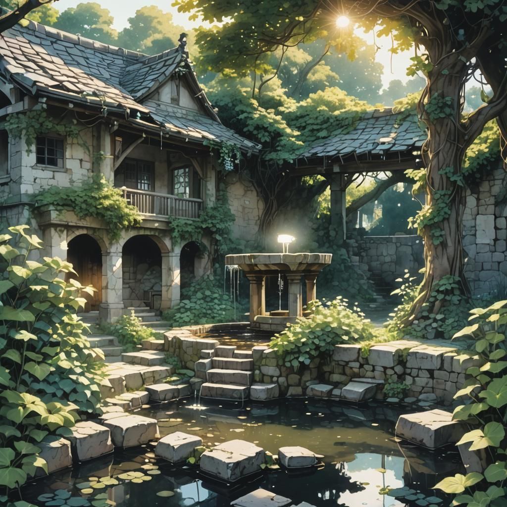 Anime Well Radiating Light in Neglected Garden