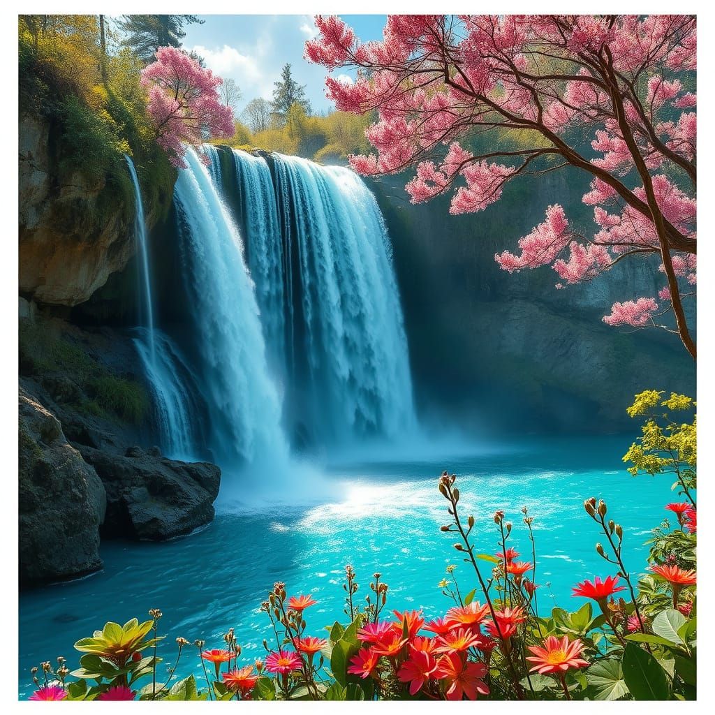 Turquoise Waterfall in a Vibrant Floral Paradise