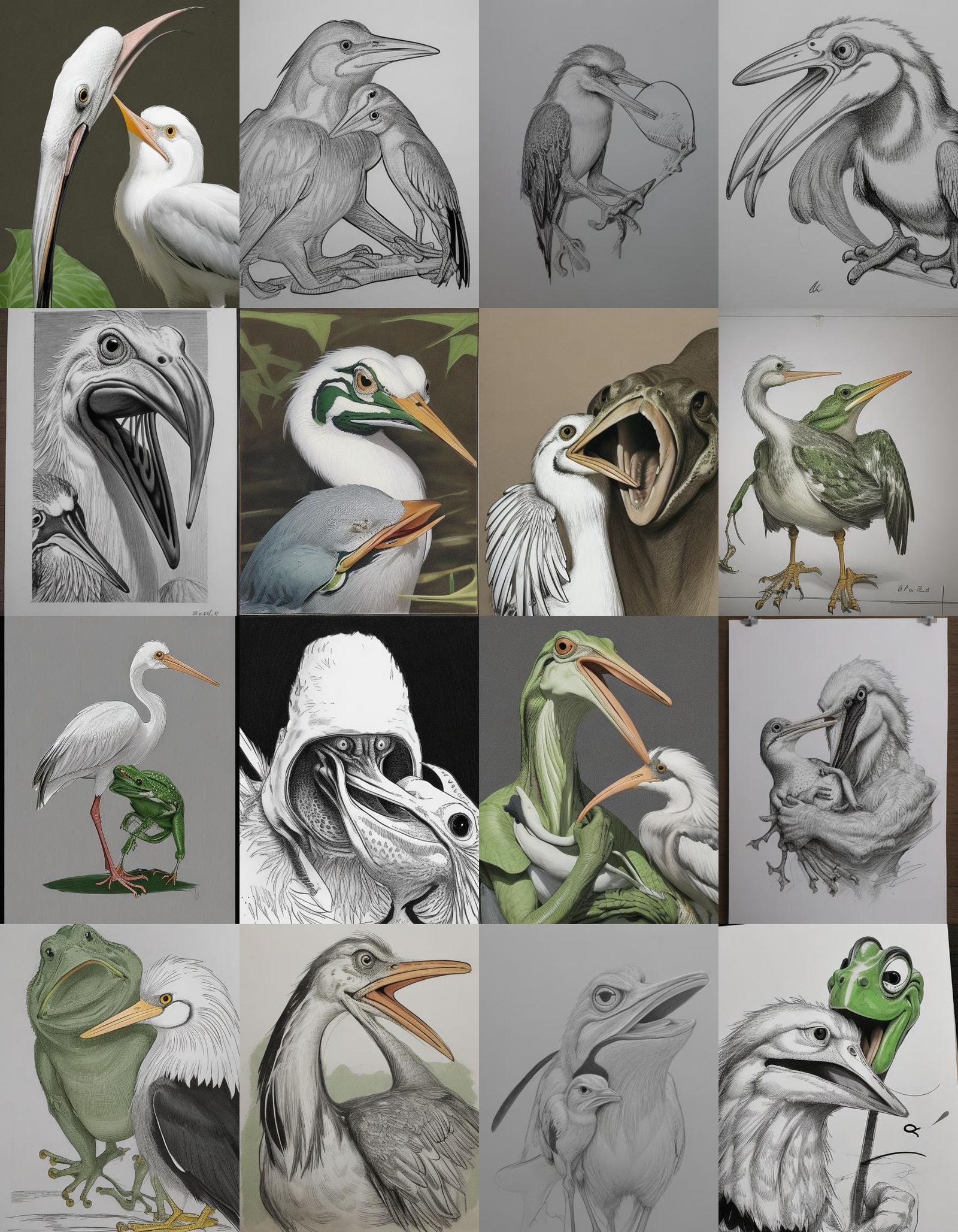 Funny Stork and Frog Meme in Line Drawing Style