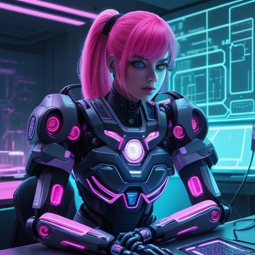 Cyberpunk Baby Robot in Neon Laboratory