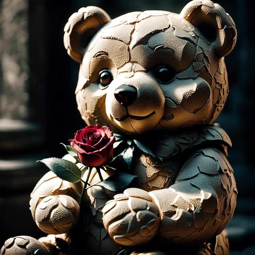 Stone Teddy Bear Statue with Rose in Film Noir