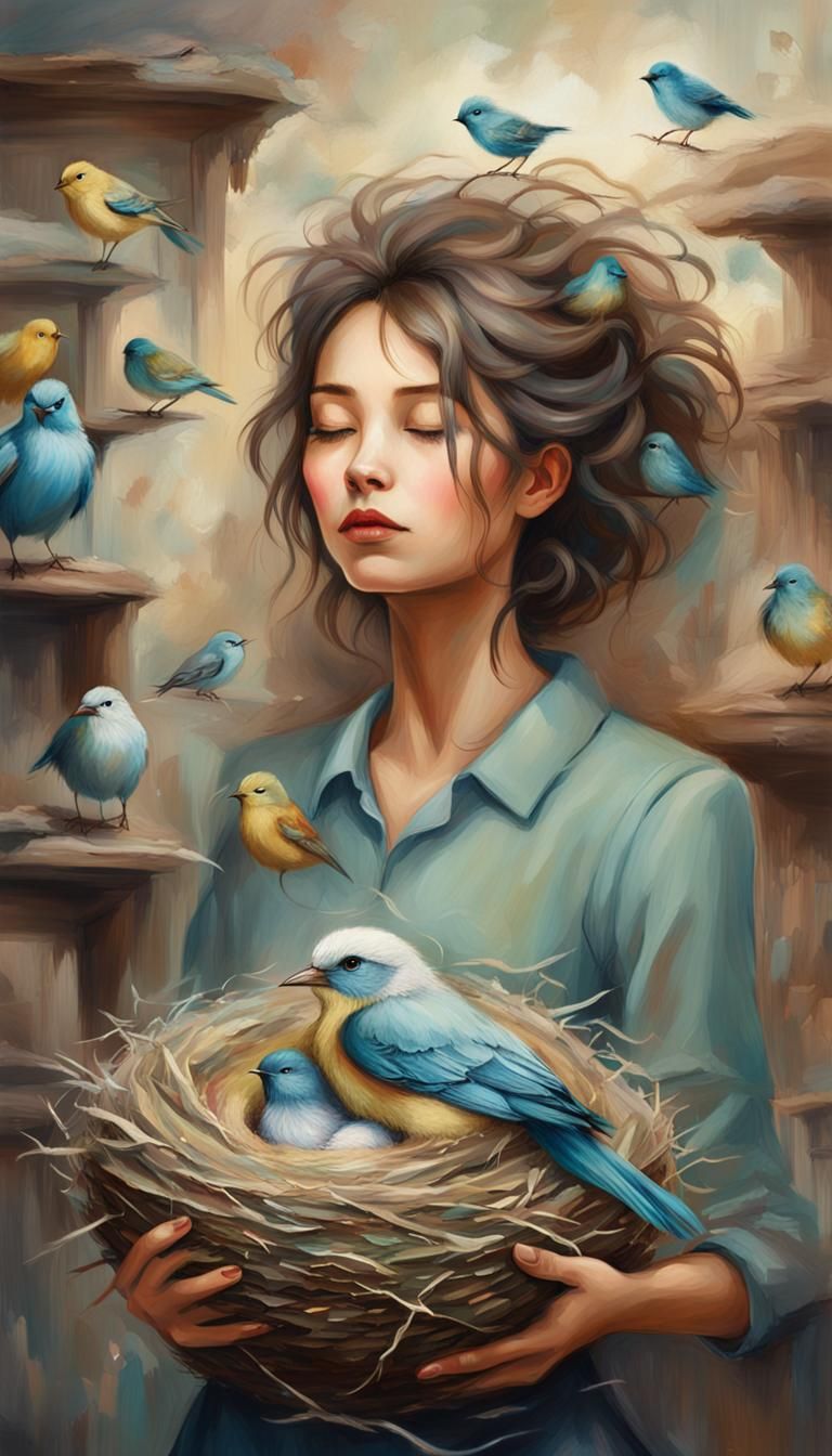 Chic Woman with Bird's Nest in Dreamy Lighting