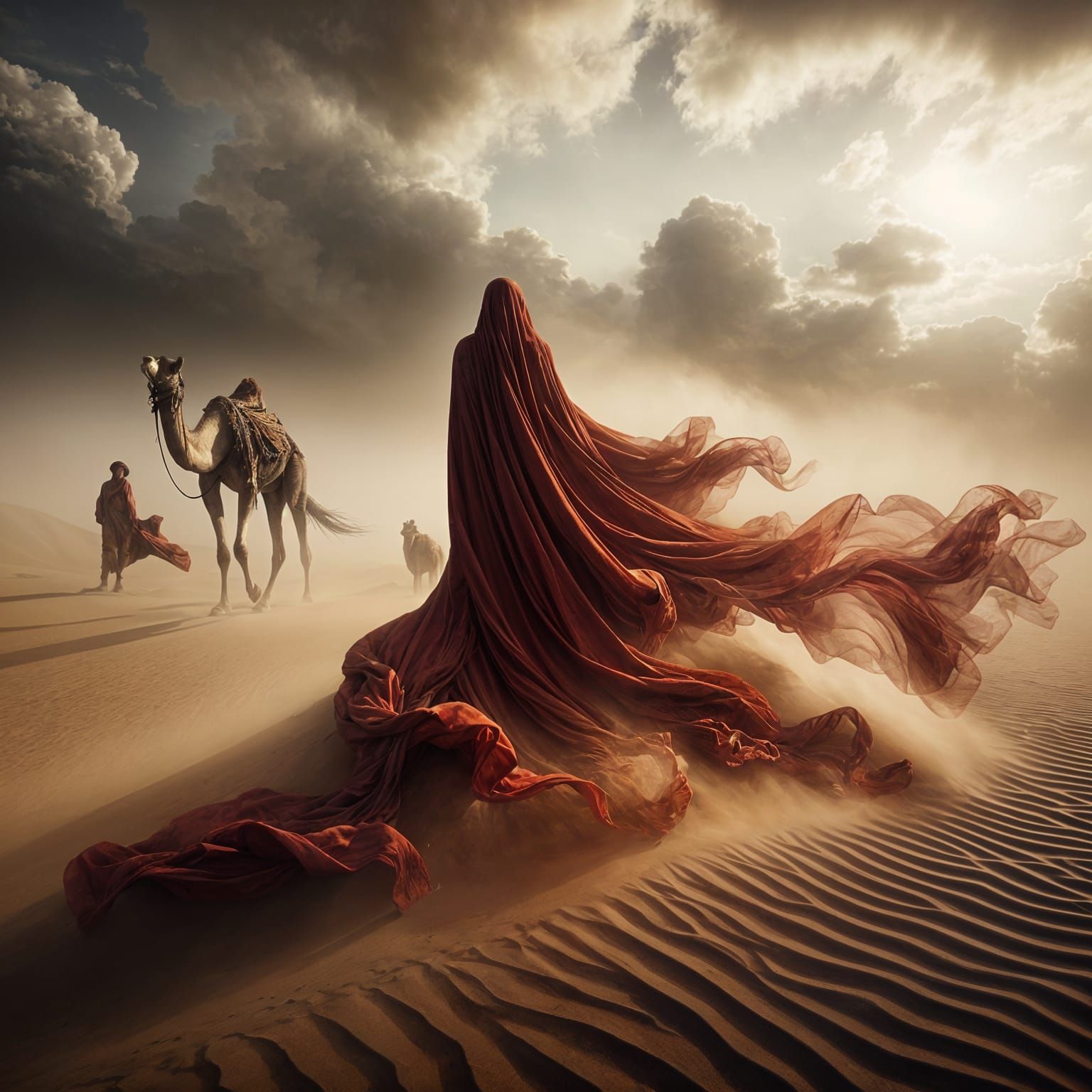 Figure in Red Robes Amidst Sandstorm