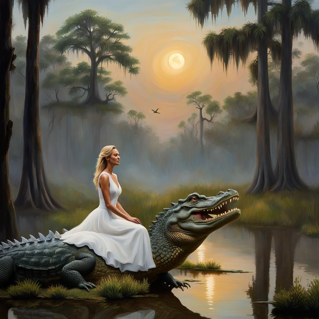 Woman Rides Alligator Through Misty Louisiana Swamp