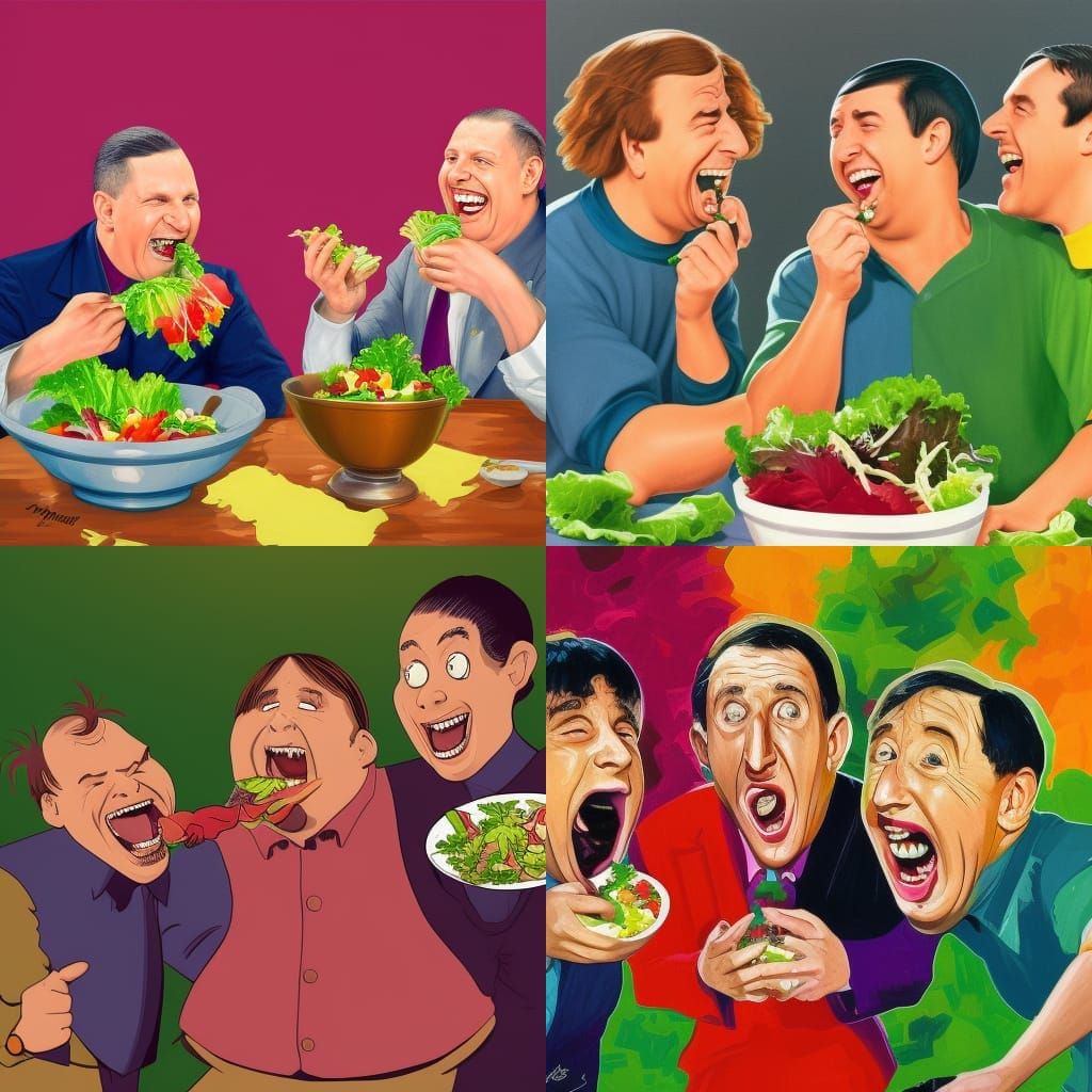 Three Stooges Laughing: Hyperrealistic Salad Scene