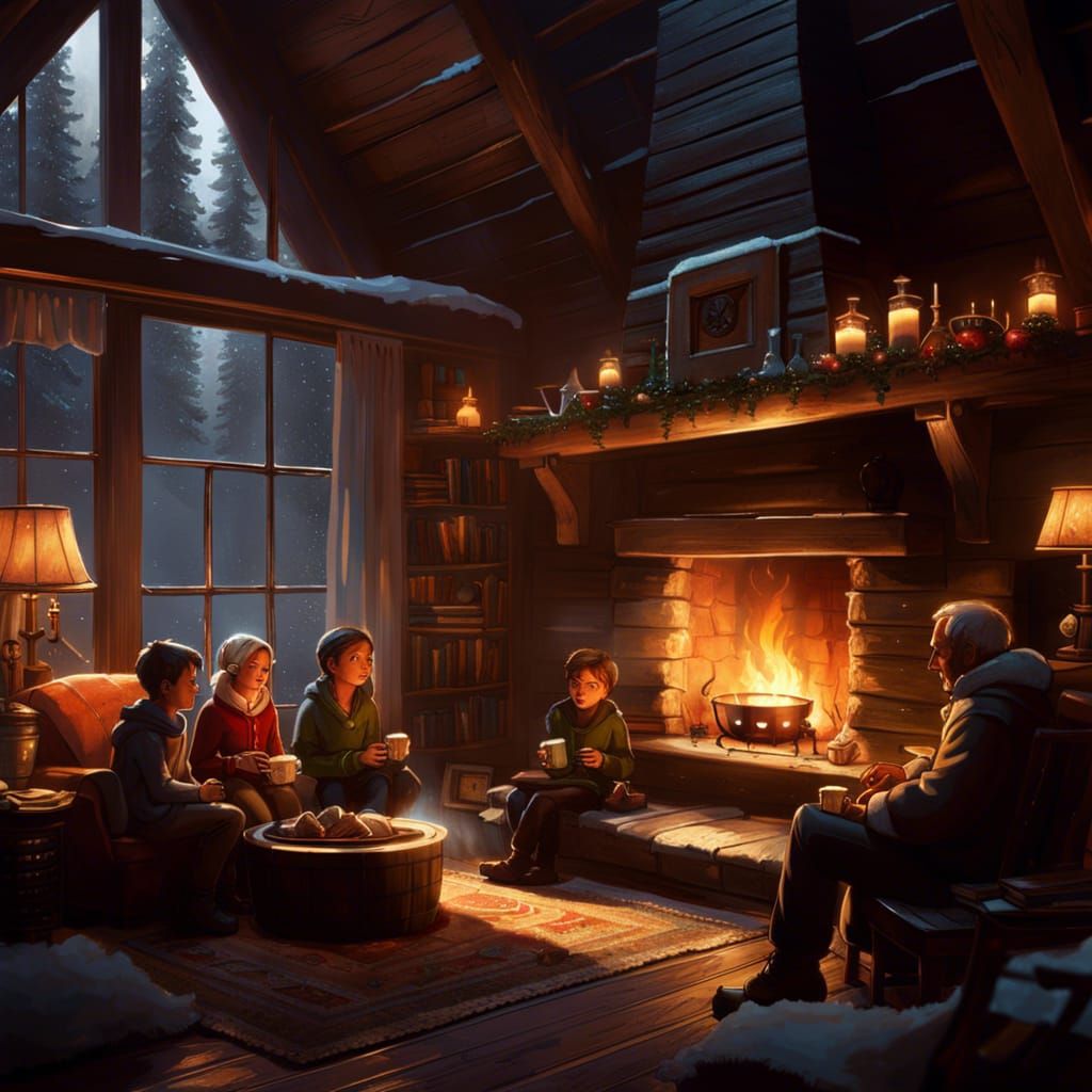 Cozy Family Cabin Scene with Fireplace