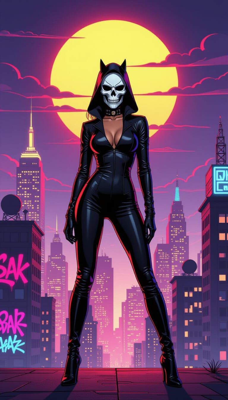 Film Noir Woman with Skull Mask in Neon City