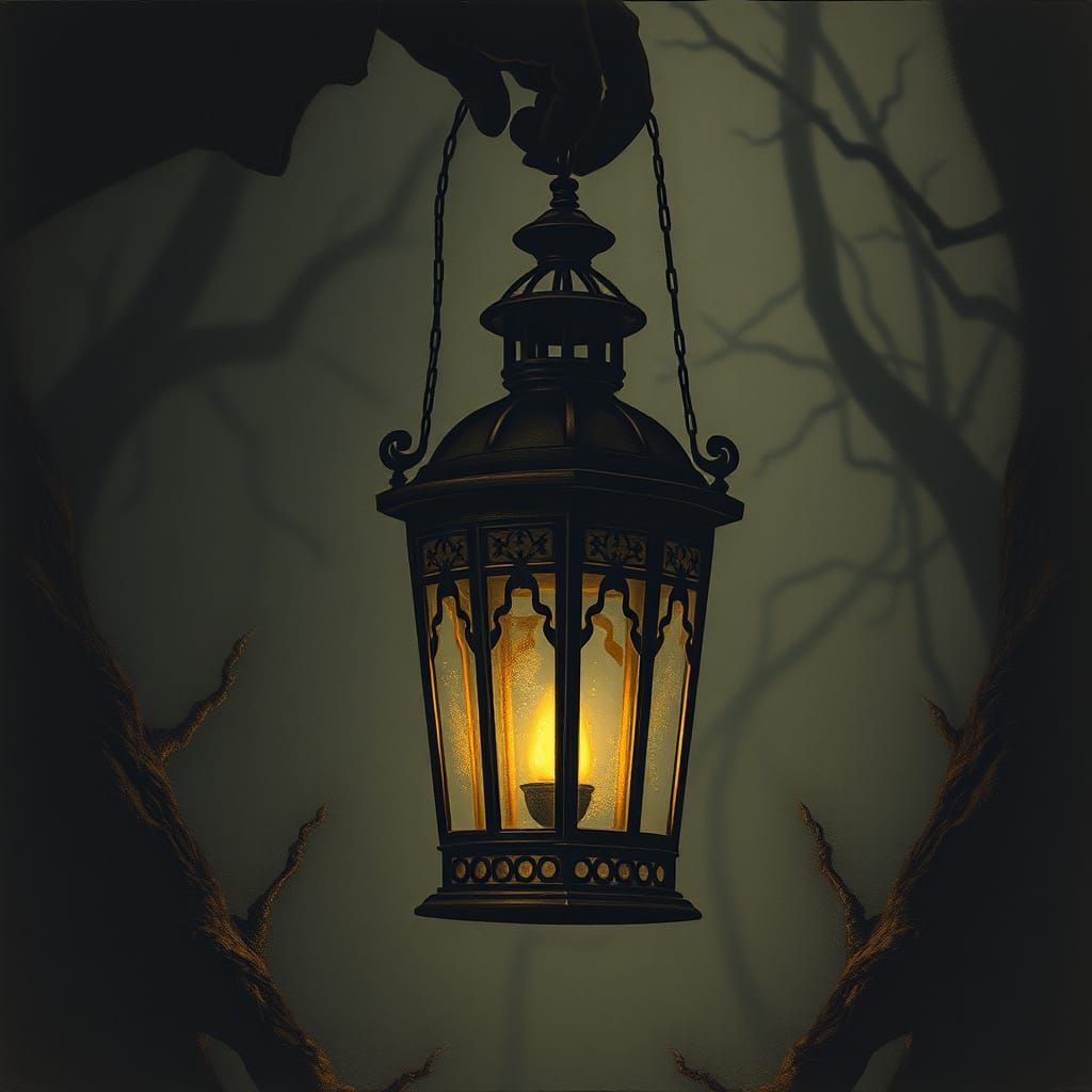 Eerie Lantern Aglow in Ominous Shadows