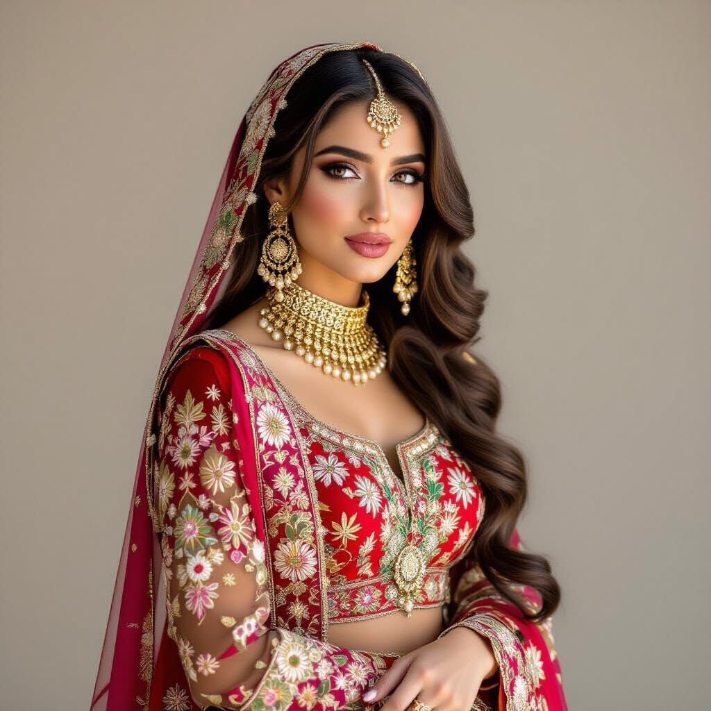 Punjabi Woman in Traditional Gidda Attire and Ornate Gold Je...