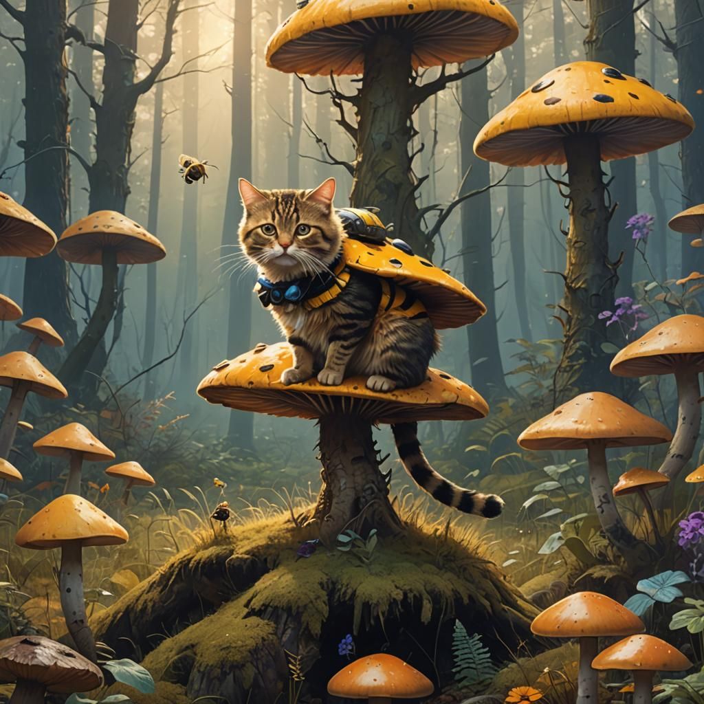 Cat in Bee Costume in Whimsical Forest