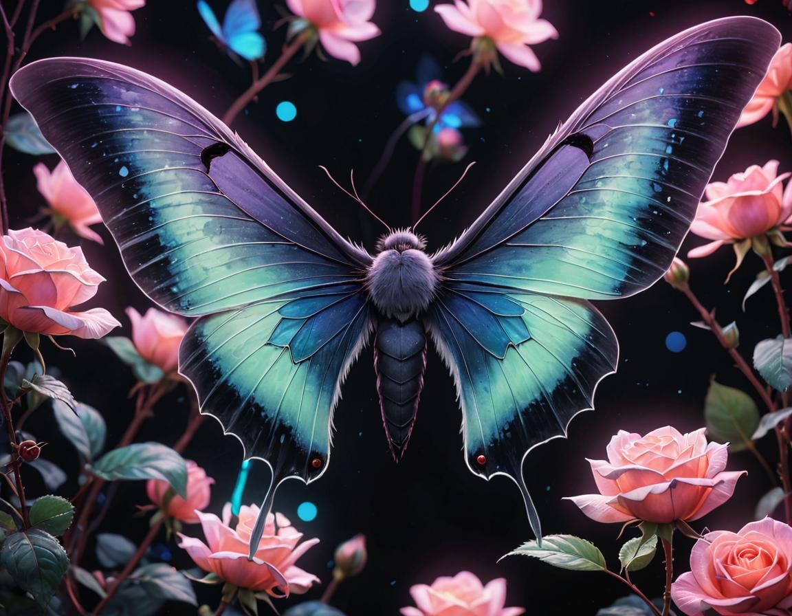 Holographic Luna Moth with Roses in Anime Style