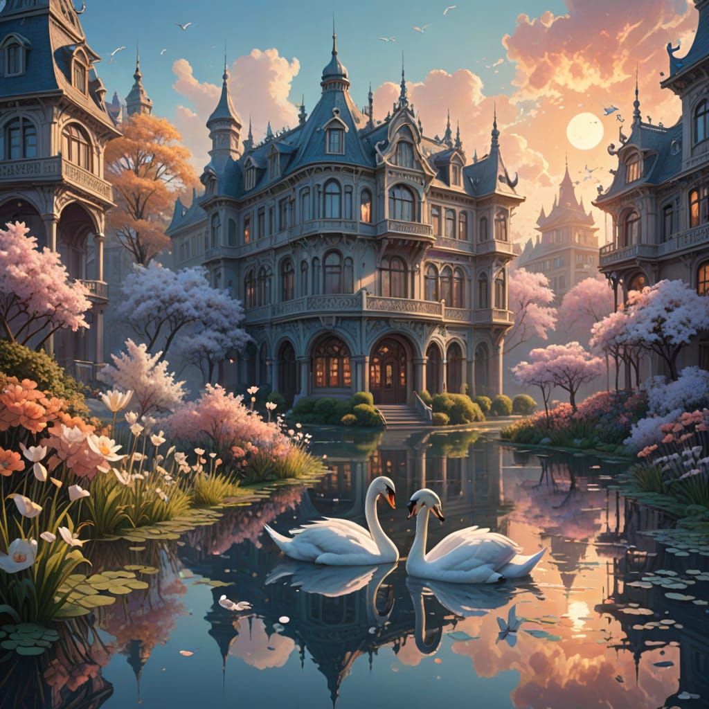 Swans Take Flight Over Art Nouveau Lake