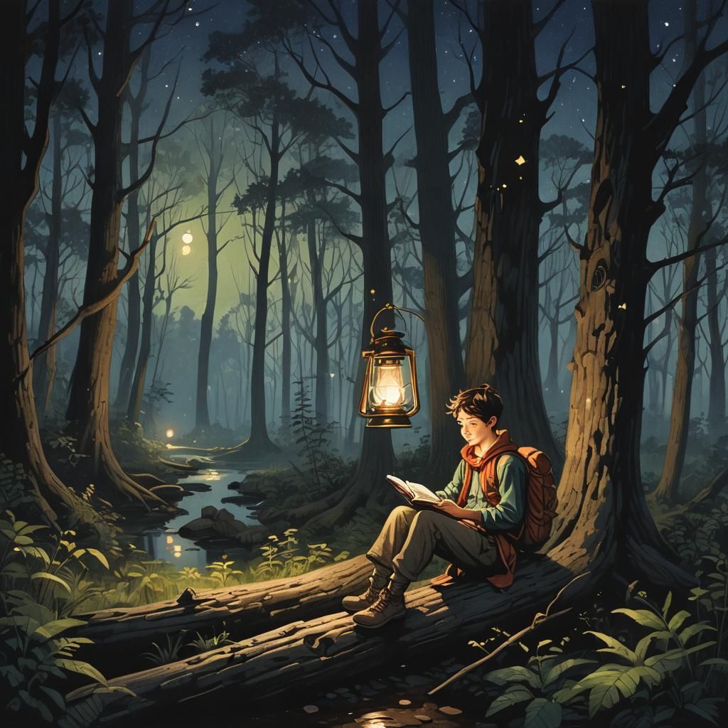 Enchanted Forest Night: Adventurer Reading by Lantern Light