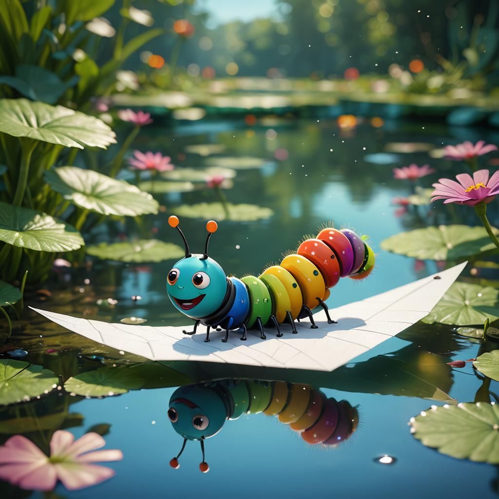Happy Caterpillar on Paper Airplane: 3D Digital Art