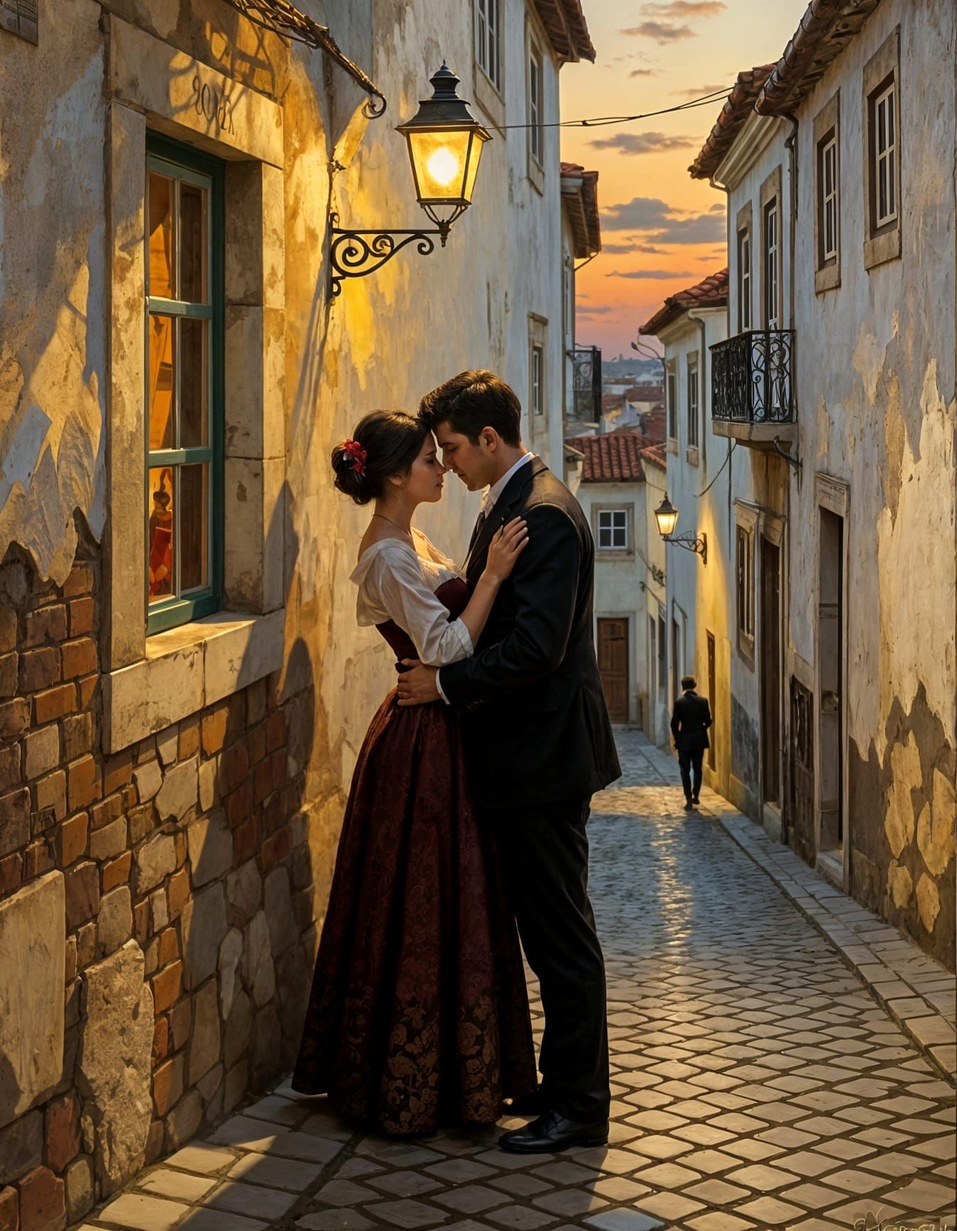 Lisbon Dusk: A Couple's Quiet Moment on Cobblestone Street