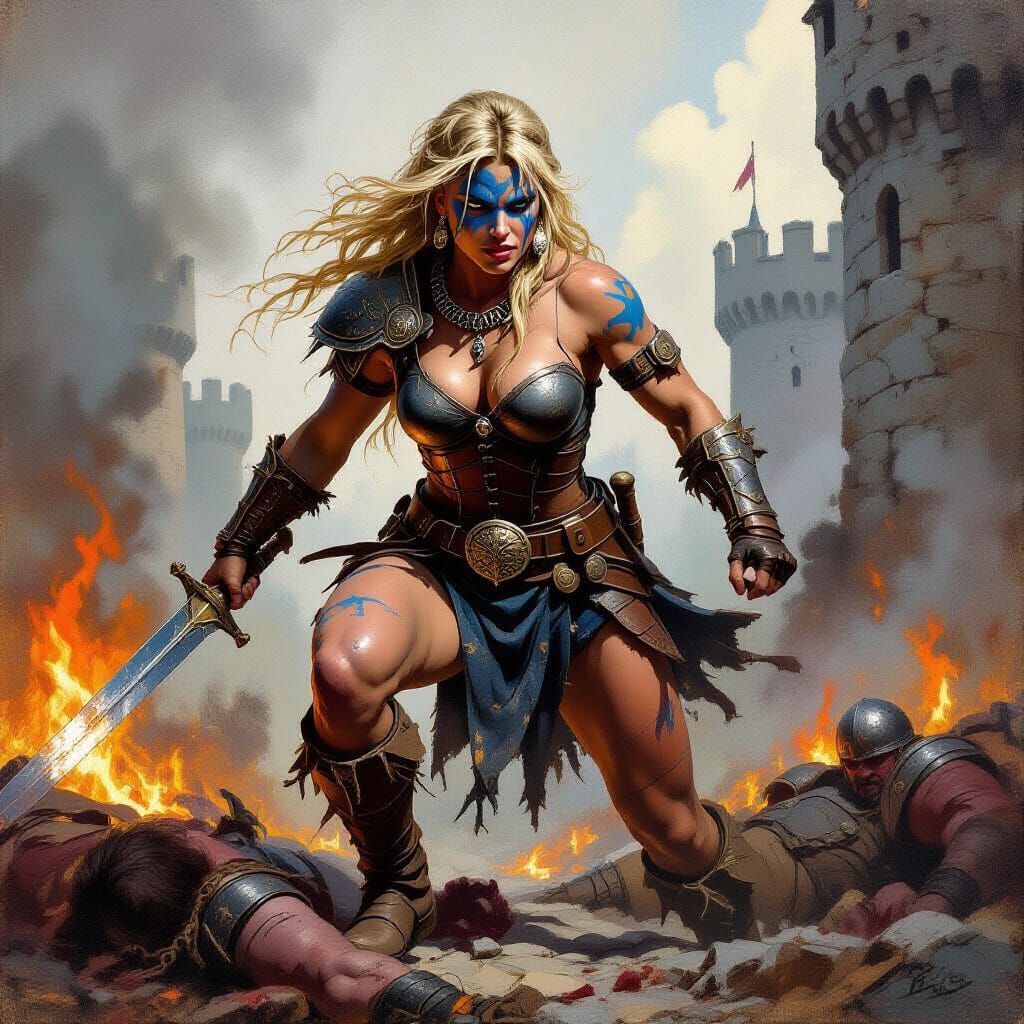Triumphant Barbarian Woman in Burning Castle