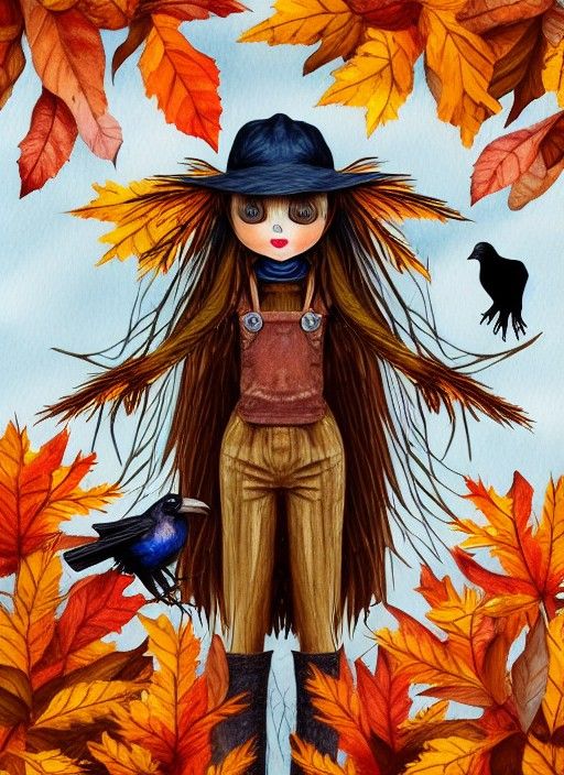 Hyper-detailed Scarecrow Girl in Autumnal Forest
