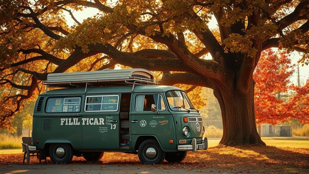 Vintage VW Camper Van in Autumnal Scene
