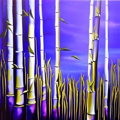 Surreal Purple Bamboo Forest: Dali-esque Oil Painting