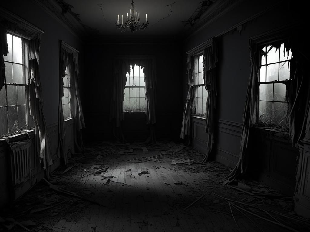 An empty mansion, dust on the floor, cobwebs in the corners or the walls, minimal lighting coming through windows, a dec...
