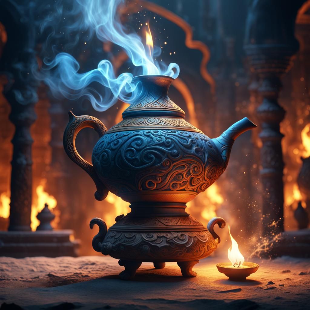 Smoking Genie Emerges from Ancient Oil Lamp