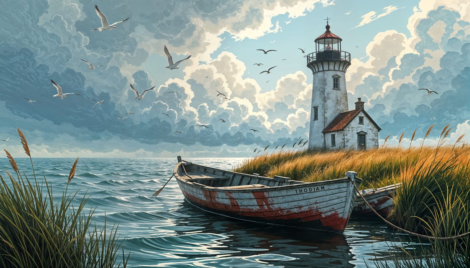 Coastal Lighthouse Scene with Rowing Boat: Hyperrealistic Sp...