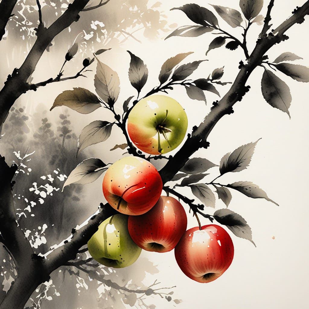 Intimate Japanese Ink Wash Study of Apples on a Branch