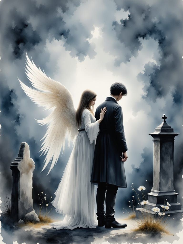 Ethereal Angel Comforts Mourner at Funeral in Watercolor Sty...