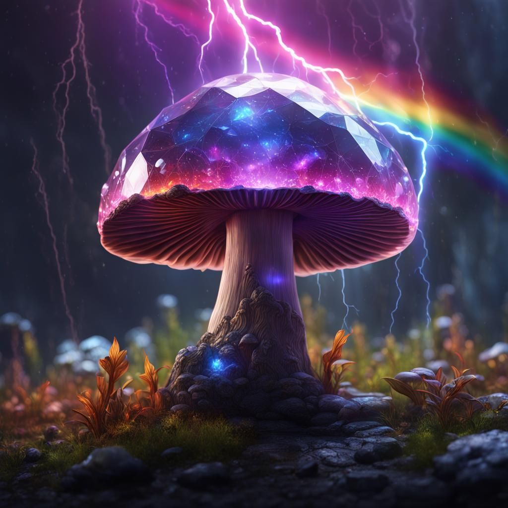 Crystal Mushroom with Rainbow Lightning in Detailed Matte Pa...