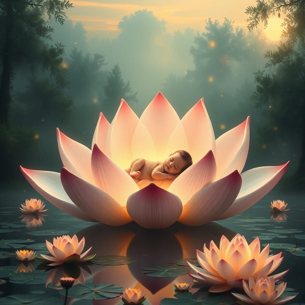 Sacred Lotus Blooms in Serene Fantasy Landscape
