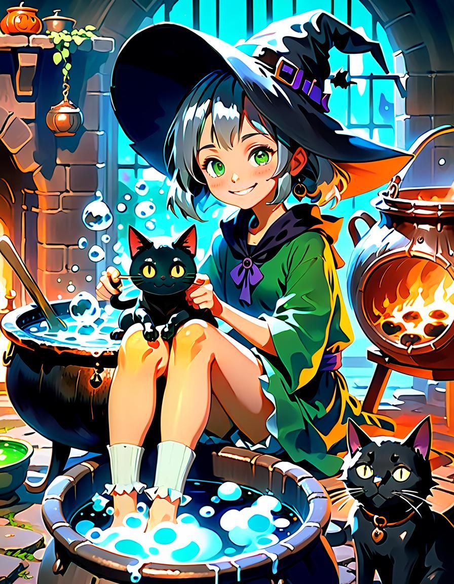 Smiling Witch with Black Cat by Bubbling Cauldron