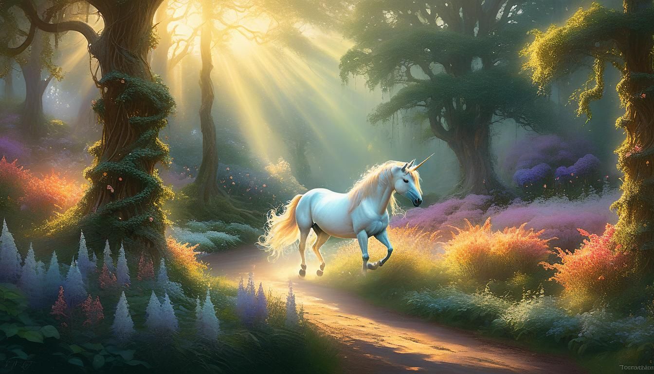 Unicorn in Enchanted Forest at Golden Hour