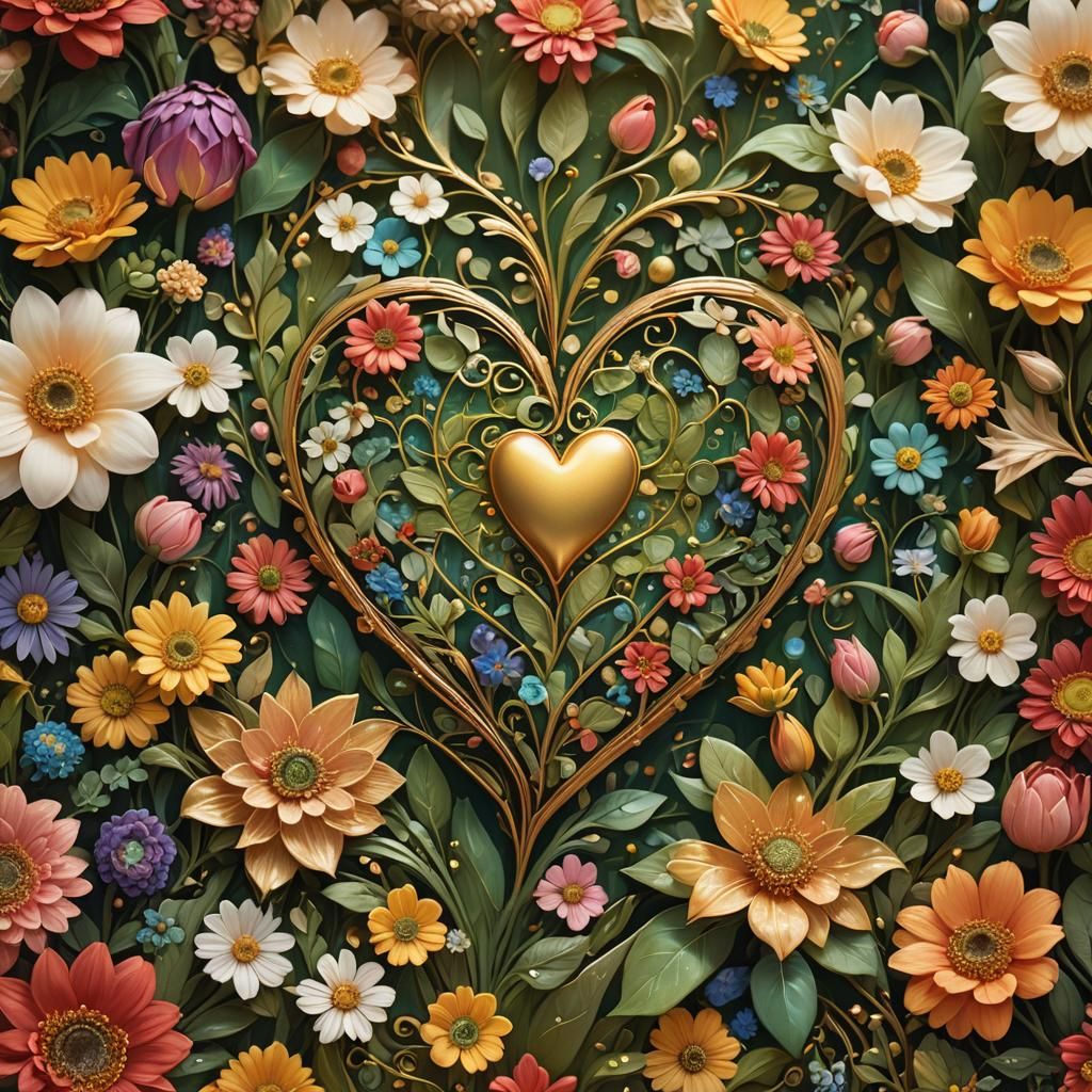 Whimsical Flowers Bloom Around Heart: Fantasy Concept Art