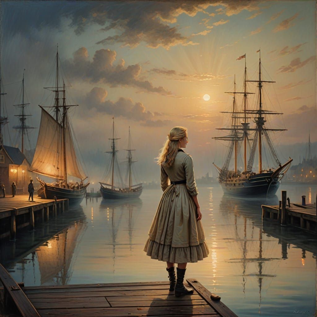 Romantic 18th Century Night Scene with Sailing Ship