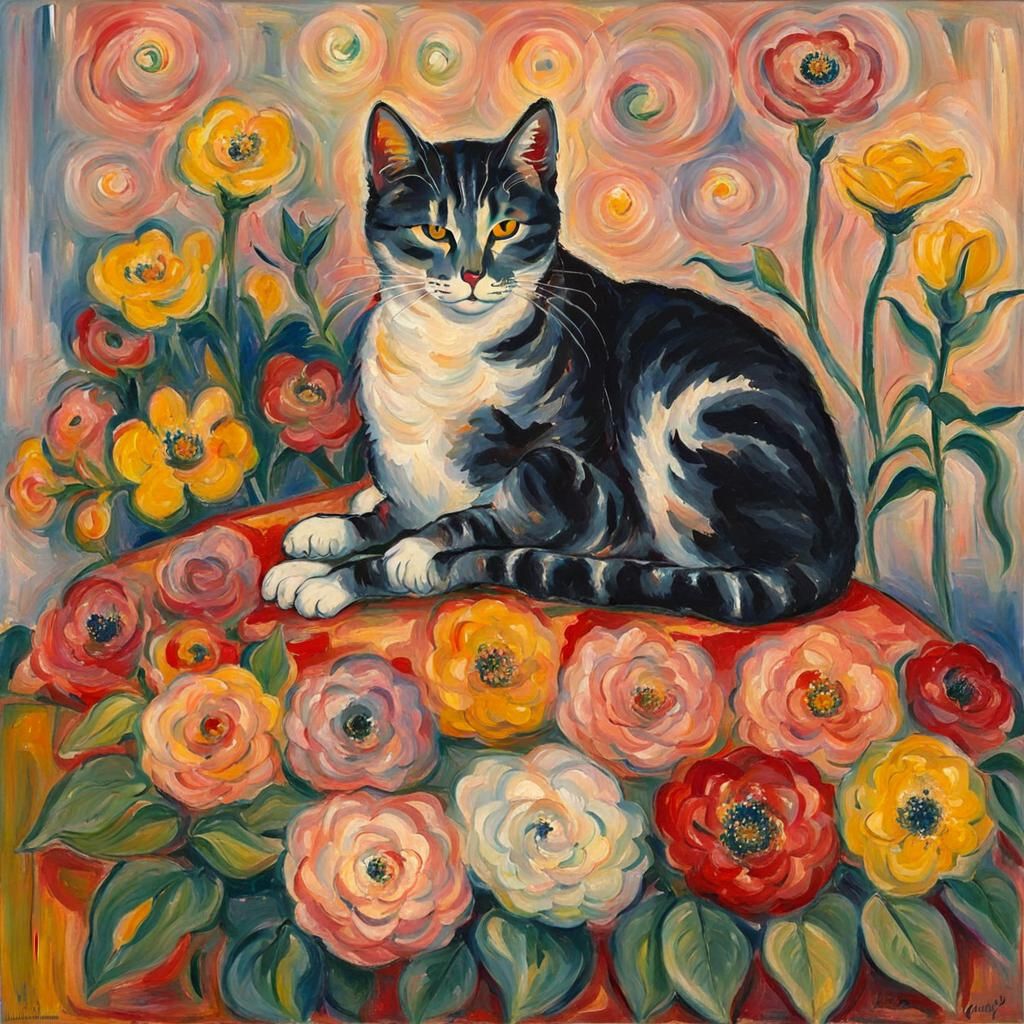 Cat Surrounded by Flowers in Abstract Expressionist Style