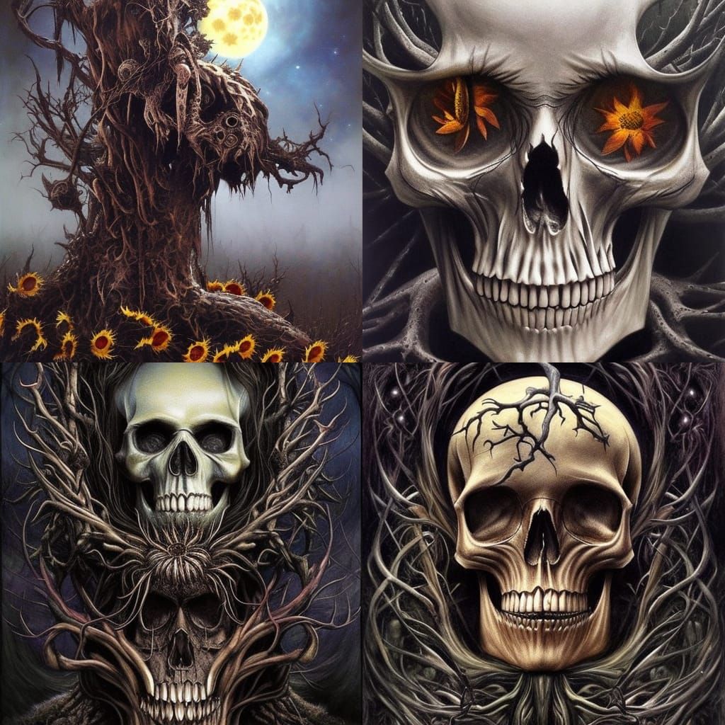 Tree Skull and Sunflowers in Gothic Fantasy Art