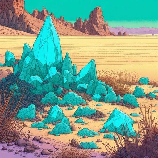 Teal Crystals in Desert Grassland, Moebius Style