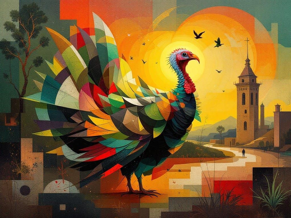 Abstract Iridescent Turkey in Surreal Landscape