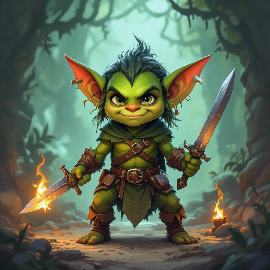 Small Green Goblin Wielding Rusty Swords in Battle Pose