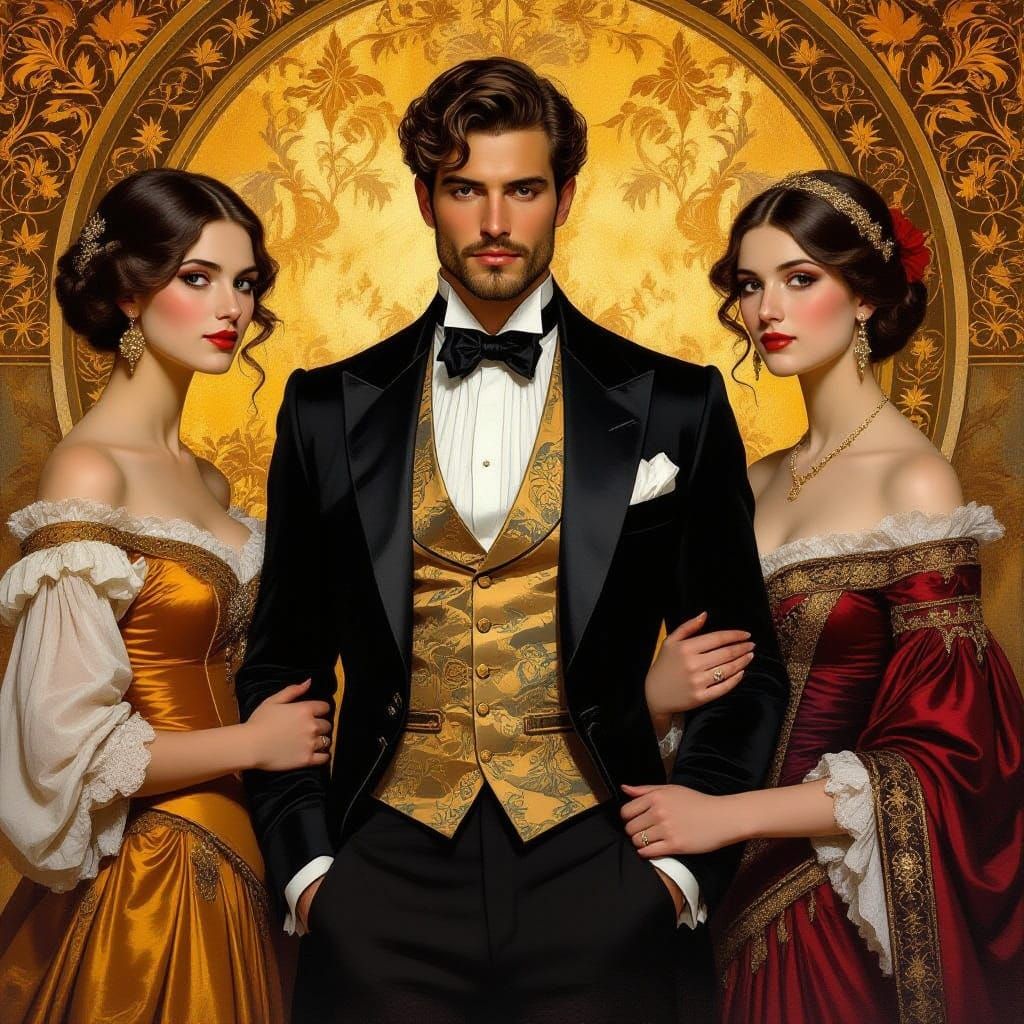 Elegant Man with Two Ornate Women, Historical Painting