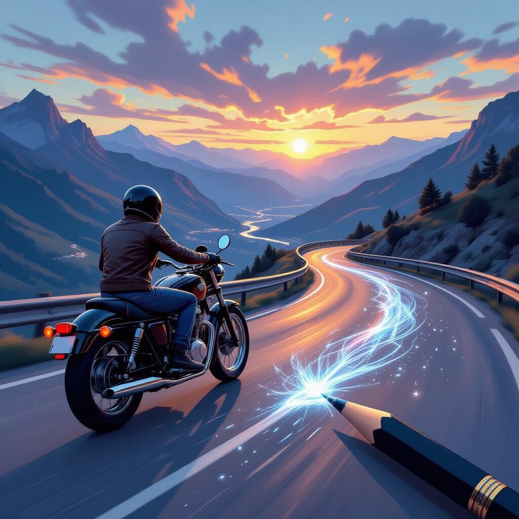 Man on Motorcycle Meets Surreal Pencil Stream