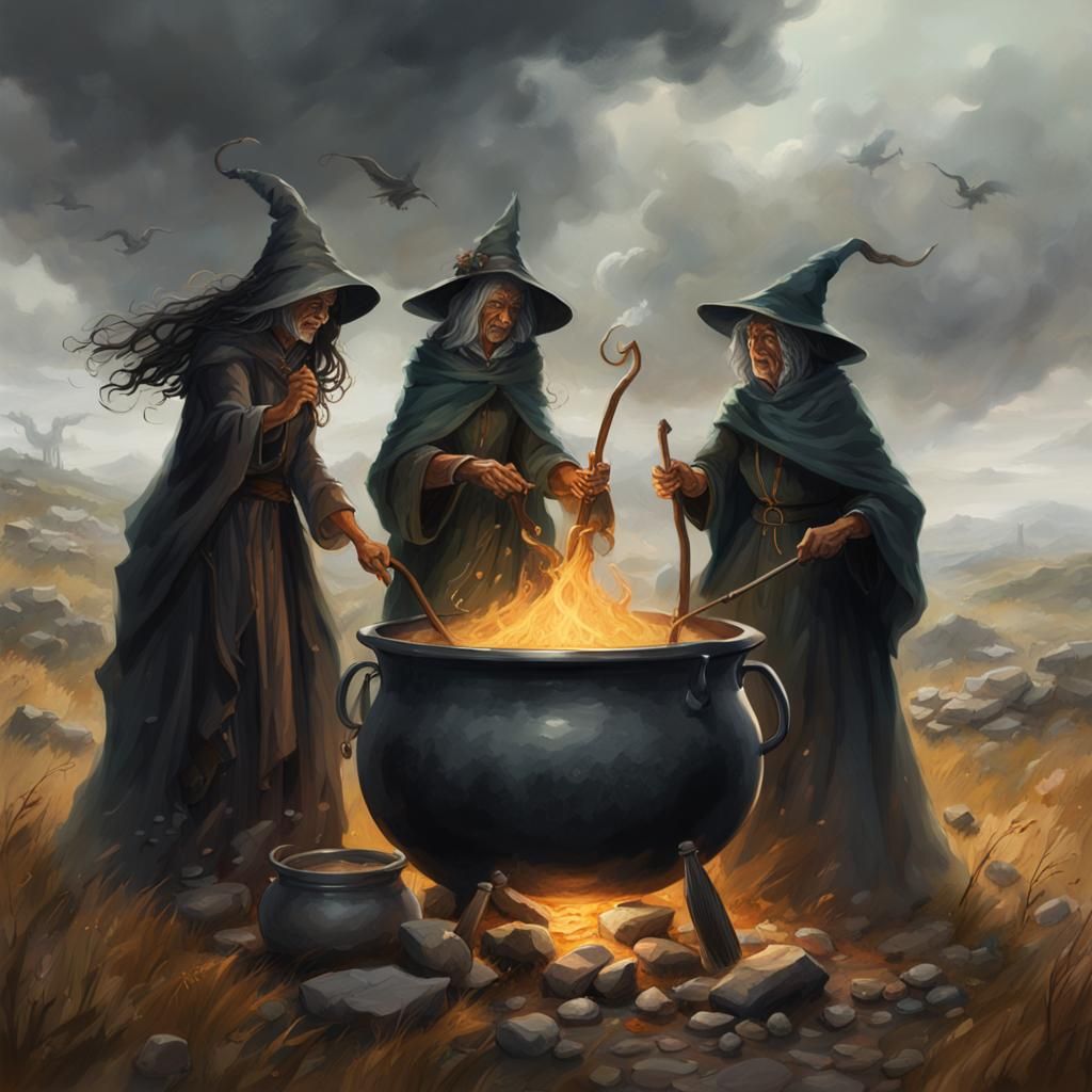 Witches' Cauldron on Windswept Moor: Hyperrealistic Art