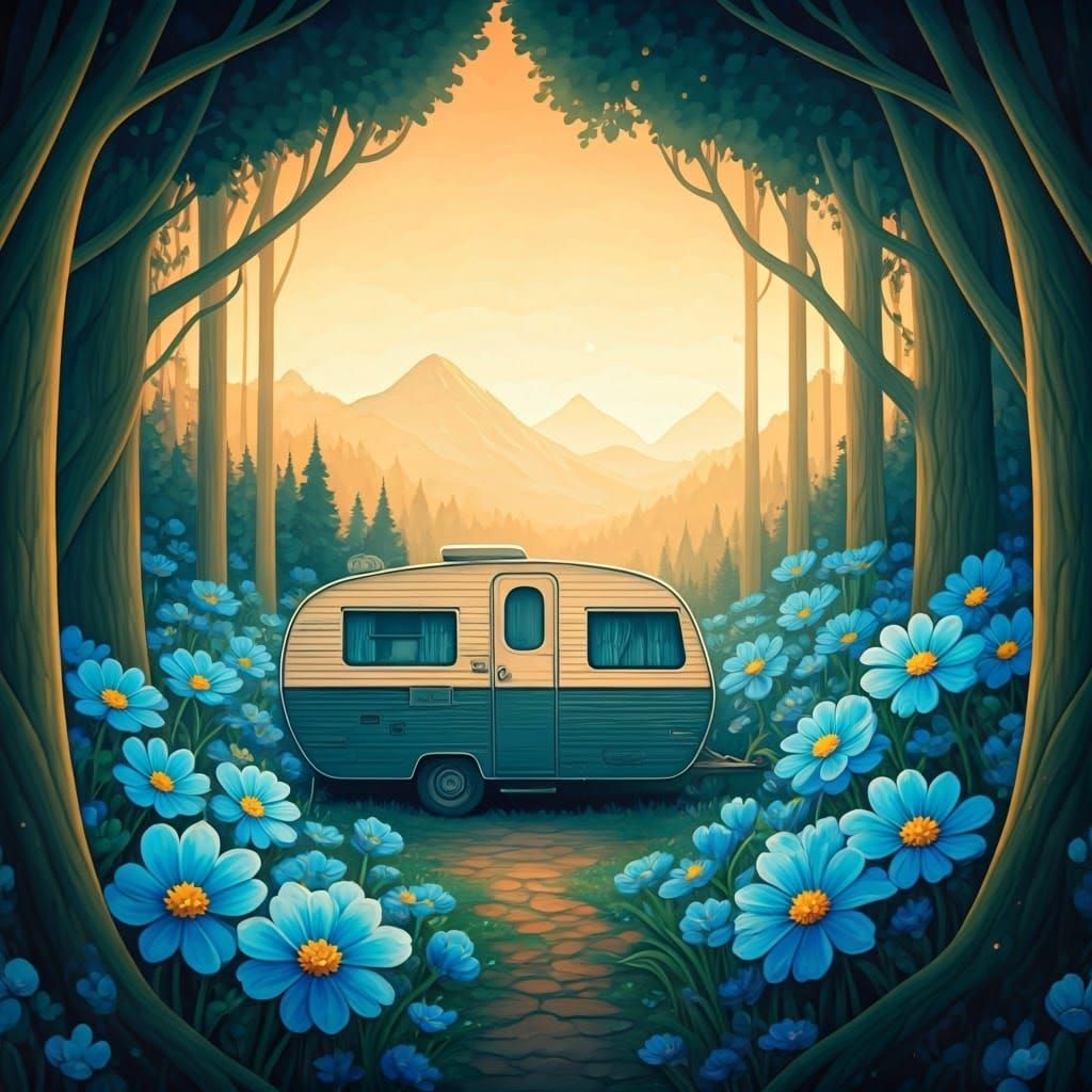 Camper Surrounded by Blue Flowers in Dreamy Forest