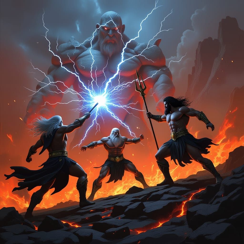 Epic Battle: Gods Versus Cronus on Volcanic Mountain