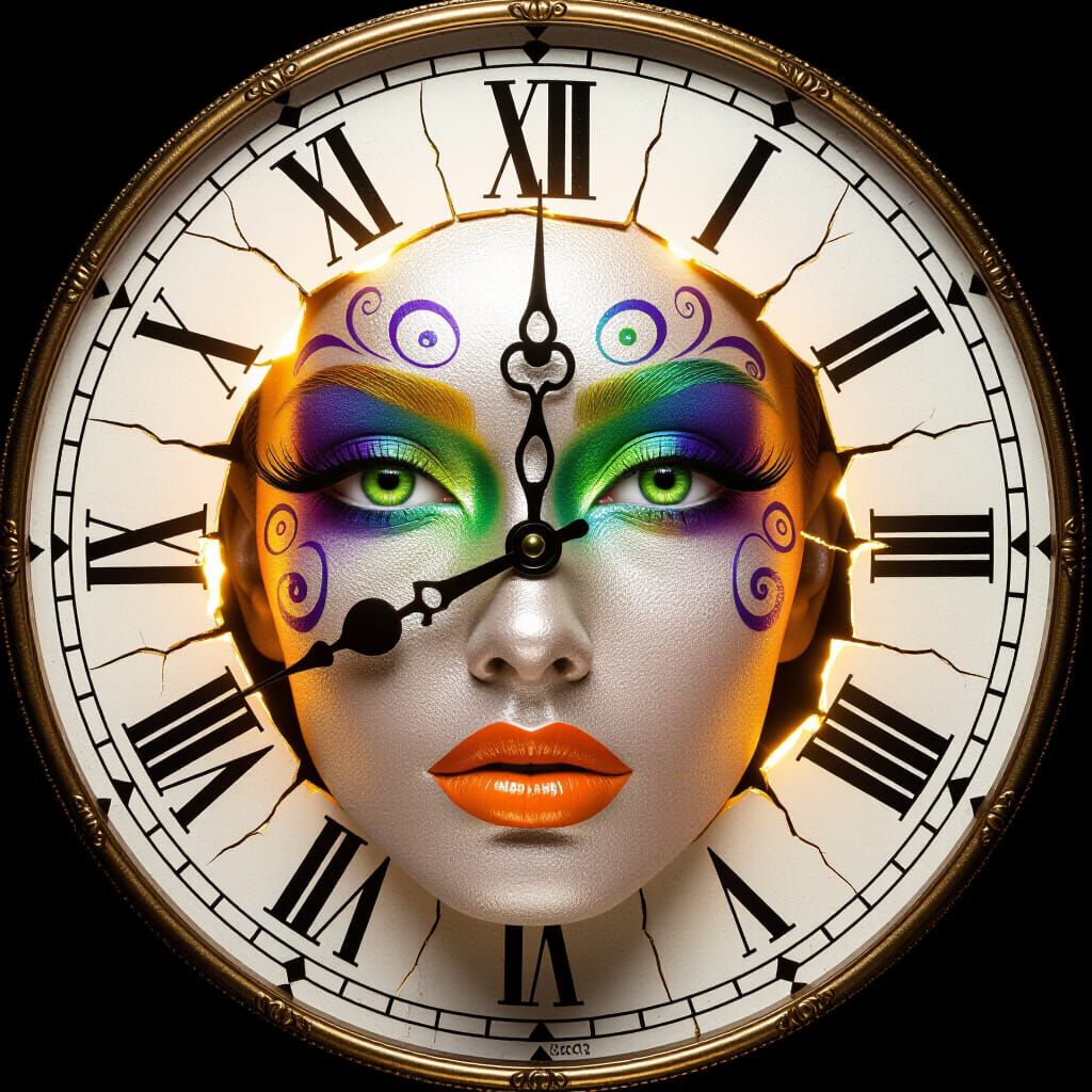 Surreal Face Integrated With Cracked Clock Artwork