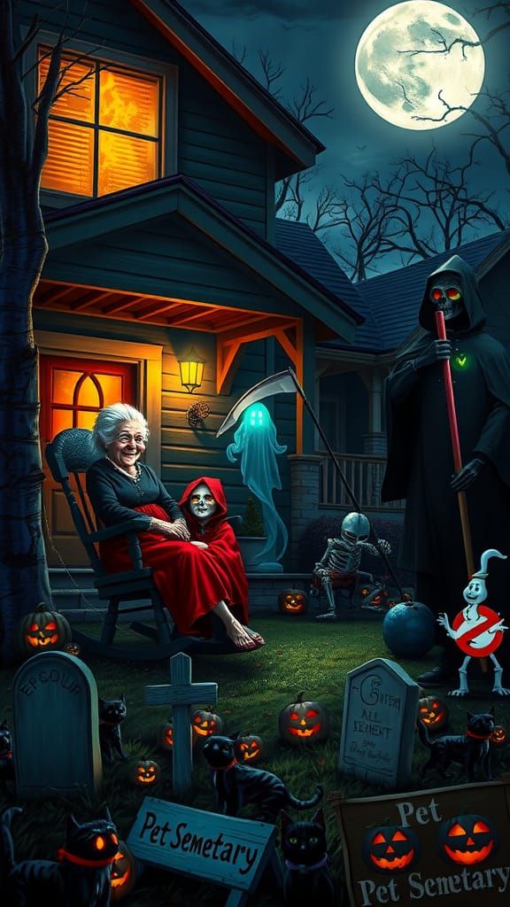 Spooky Halloween Night Scene with Granny Wolf and Red Riding...