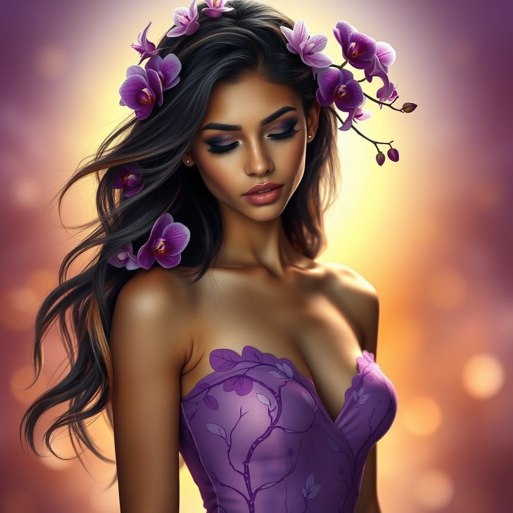 Orchid Adorned Latina in Petal Dress Digital Art