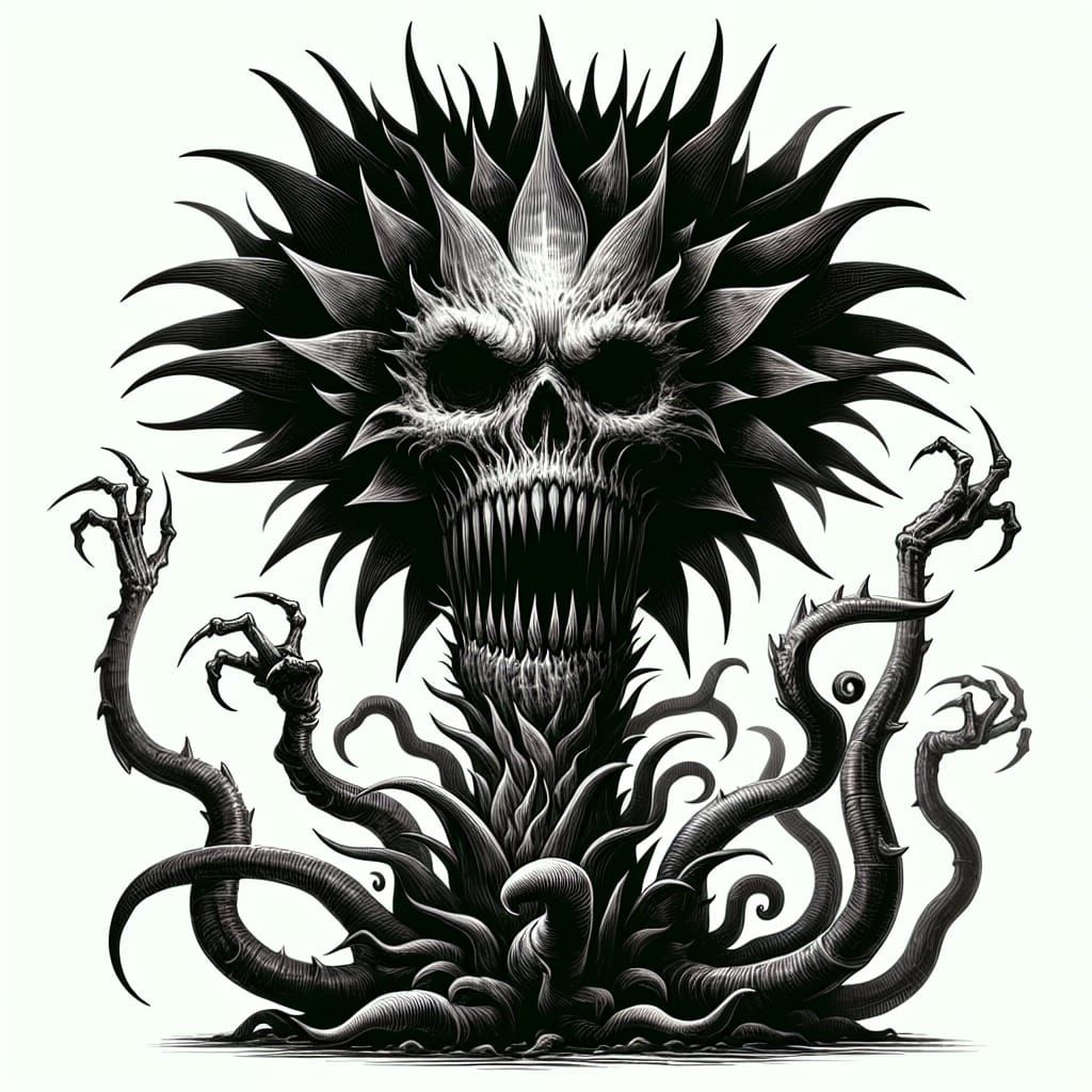 a surreal portrait of a demon  skull plant, the plant has a ...