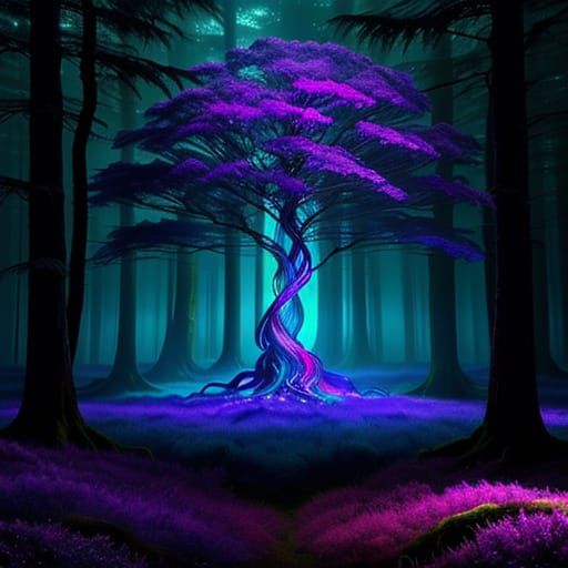 Surreal Mystical Yggdrasil Tree in Vibrant Forest Landscape