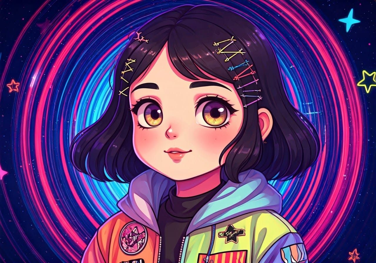 Vibrant Anime Character in Whimsical Neon World